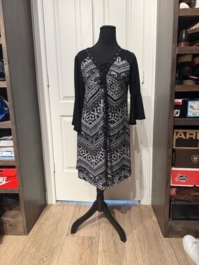 Black & White Lace-Up Patterned Women's Dress (A)